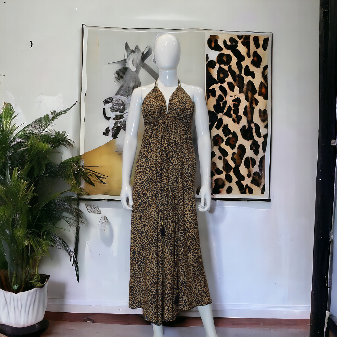 Brown with Black Leopard Print  Halter Neck Maxi Dress