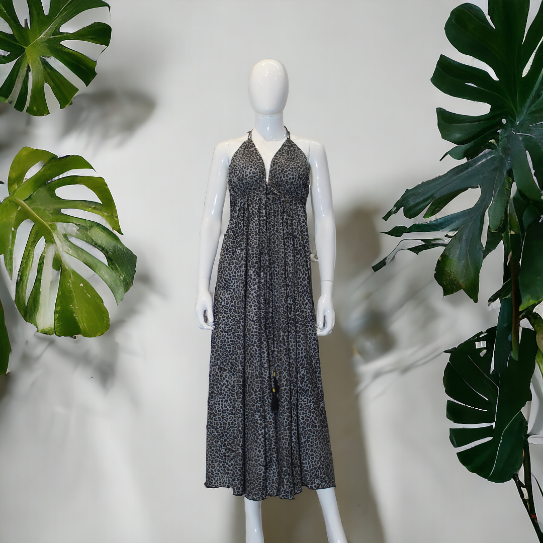 Grey with Black Leopard Print Halter Neck Maxi Dress