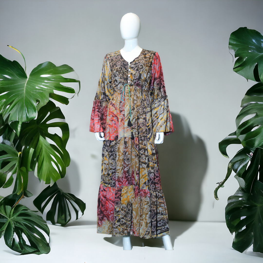 Abstract Floral Pattern Bohemian Style  Full Sleeves Multicolor Maxi Dress