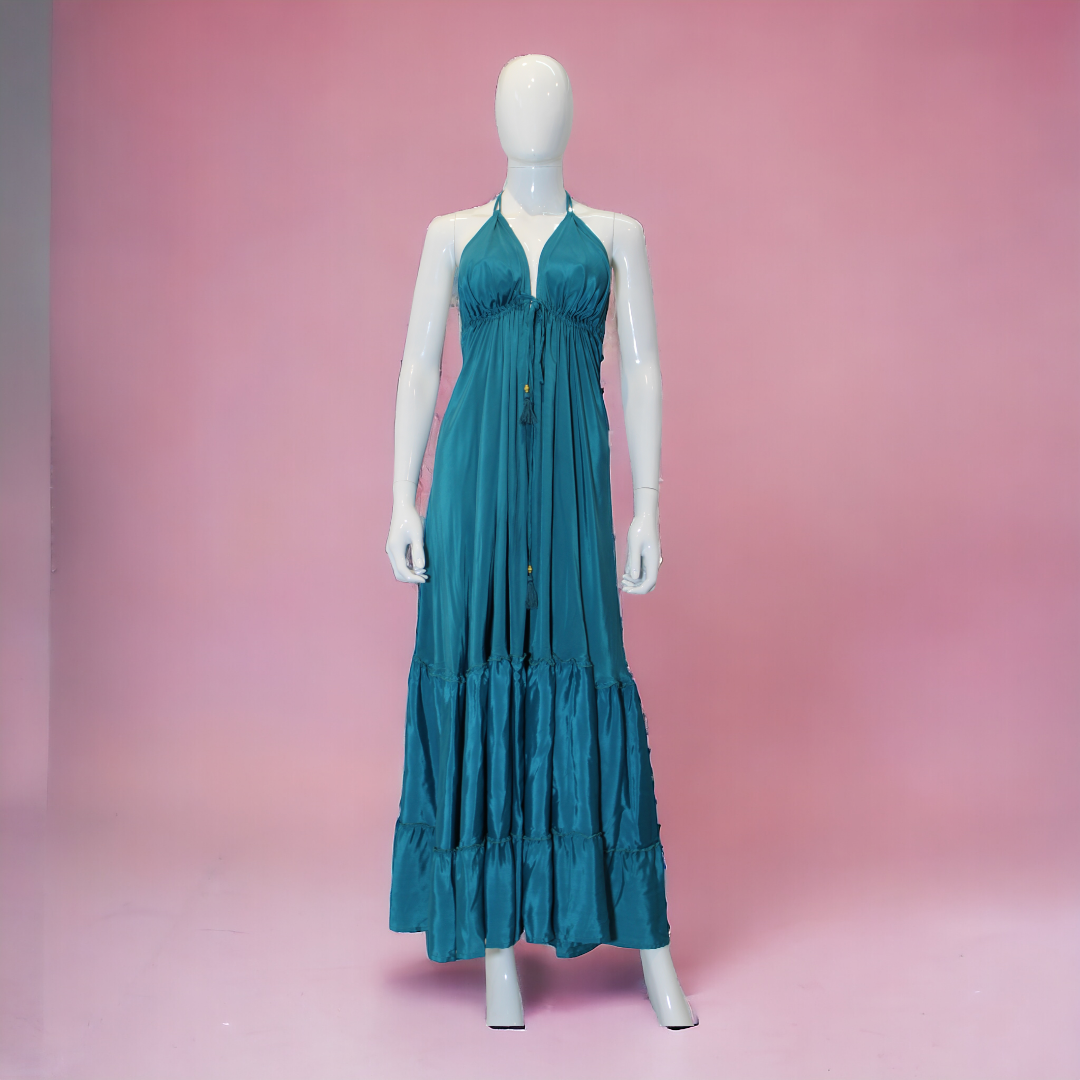 Multi Frill Vibrant teal  Halter Neck Maxi Dress